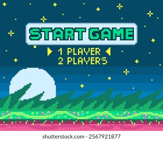 Background for pixel game. Game start. 8-bit Pixel interface. Character selection. Achievements in arcade games. Vector illustration