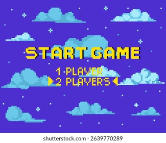 Background for pixel game. Game start. 8-bit Pixel interface. Character selection. Achievements in arcade games. Vector illustration