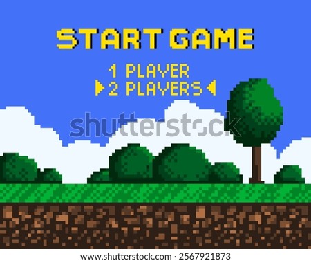 Background for pixel game. Game start. 8-bit Pixel interface. Character selection. Achievements in arcade games. Vector illustration