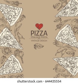 Background with pizza with chili pepper, tomato, pepper, onion. Vector hand drawn illustration