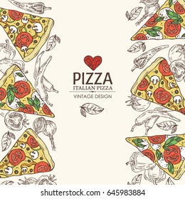 Background with pizza with chili pepper, tomato, pepper, onion. Vector hand drawn illustration