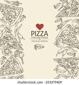Background with pizza with chili pepper, tomato, pepper, onion. Vector hand drawn illustration.
