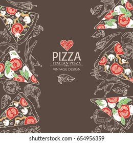 Background with pizza with chili pepper, tomato, pepper, onion. Vector hand drawn illustration.