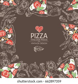 Background with pizza with chili pepper, tomato, pepper, onion. Vector hand drawn illustration