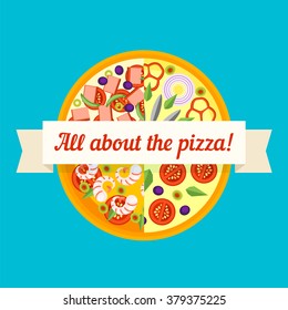 Background of pizza cut into slices stuffed with shrimp, anchovies, tomatoes and ham. Vector illustration.