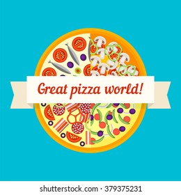 Background of pizza cut into slices stuffed with mushroom, anchovies, tomatoes and ham. Vector illustration.