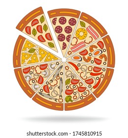 Background with pizza pieces and its ingredients