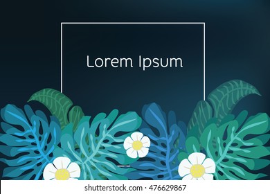 Background with place for text with exotic tropical flowers and leaves