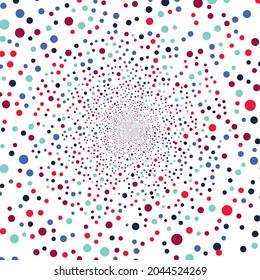 Hintergrund mit Platz für Ihre Inhalte. Schwarzes Loch bunt. Abstrakter Punkthintergrund. Geometrischer Kreis, kreisförmiger Hintergrund. Runde Hipster.  Abstrakte Psychedelik. Unendlicher Rundtunnel.