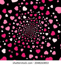 A background with place for your content. Black hole colorful. Abstract background. Hearts geometric, hearts background. Hearts Hipster. Abstract Psychedelic. Endless round tunnel. Valentine's Day.
