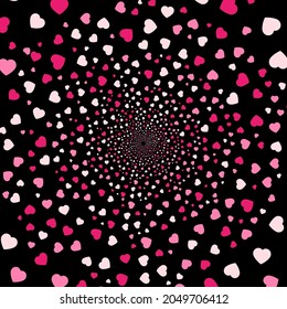 A background with place for your content. Black hole colorful. Abstract background. Hearts geometric, hearts background. Hearts Hipster. Abstract Psychedelic. Endless round tunnel. Valentine's Day.