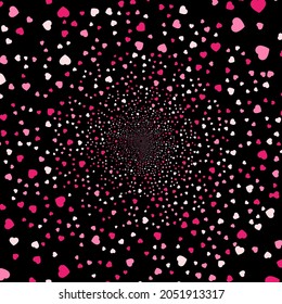 A background with place for your content. Black hole colorful. Abstract background. Hearts geometric, hearts background. Hearts Hipster. Abstract Psychedelic. Endless round tunnel. Valentine's Day.