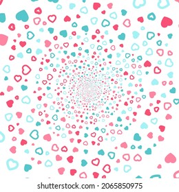 Fondo con lugar para el contenido. Un agujero negro colorido. Antecedentes abstractos. Corazones geométricos, fondo de corazones. Hipster del corazón. Resumen Psicodélico. Un túnel redondo infinito. Día de San Valentín.