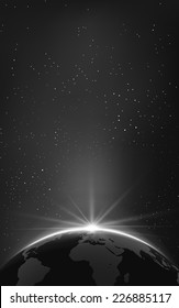Background with Planet Earth Globe and Sunrise in Space. Vector Illustration