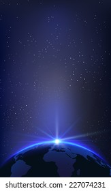 Background with Planet Earth Globe and Sunrise in Space. Vector Illustration