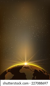 Background with Planet Earth Globe and Sunrise in Space. Vector Illustration