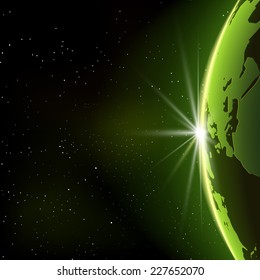 Background with Planet Earth Globe and Sunrise in Space. Vector Illustration