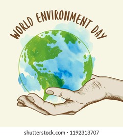 Background with planet Earth in human hand. Ecology concept for world environment day. Hand drawn vector illustration with watercolor texture