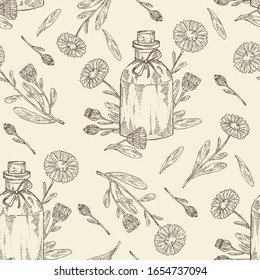 Background with plant, leaves, calendula flowers and bottle of calendula essential oil. Cosmetic, perfumery and medical plant. Vector hand drawn illustration.