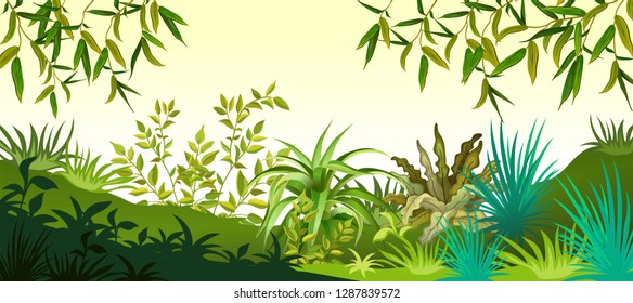 Background with plants forest. Landscape with leafs trees and grass. Vector illustration.