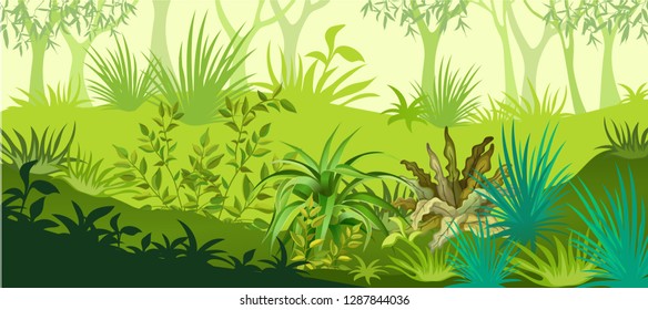 Background with plants forest. Landscape with leafs trees and grass. Vector illustration.