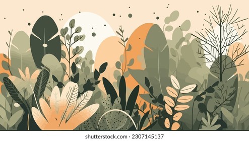 Background with plants and leaves flat, vector illustration