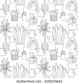 Background with plants in pots. Simple vector seamless pattern. Different home trees. Graphic texture. Black and white colors. Great for wallpapers, wrapping paper, design packaging.