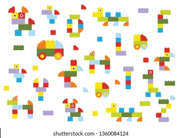 a background of plastic blocks, animal figures, cars and the alphabet