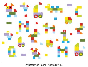 a background of plastic blocks, animal figures, cars and the alphabet