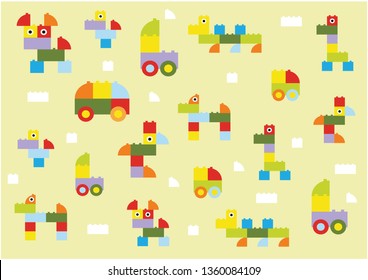 a background of plastic blocks, figures of animals and cars