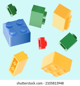 Background With Plastic Bricks Are Falling Down. Popular Children Constructor Parts 3d Vector Illustration.