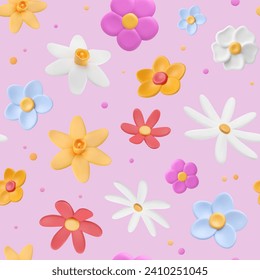 Hintergrund mit 3D-Plastikblumen. Multicfarbene Puffknospen und Punkte, kindisch nahtloses Muster mit Ton dreidimensionalen Sommerelementen. Vektorgrafik im Plastikstil. Frühlingswallpaper.