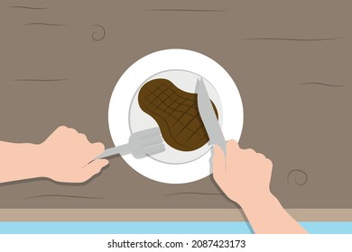 Background of Plate, Knife, Flog, Steak with person hand. What to eat today concept