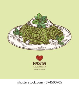Background with a plate of pasta, hand drawn