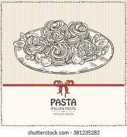 Background with a plate of pasta, hand drawn