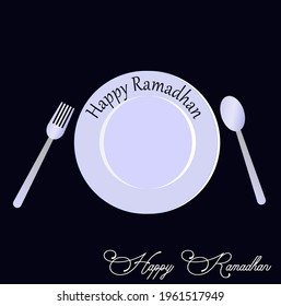 “Happy Ramadhan” background with plate, poon, and fork vector design illustration