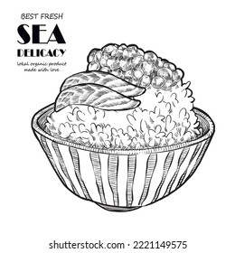 Background with a plate of rice caviar and fish on a white background. Drawn by hand. For the menu of the restaurant and cafe.