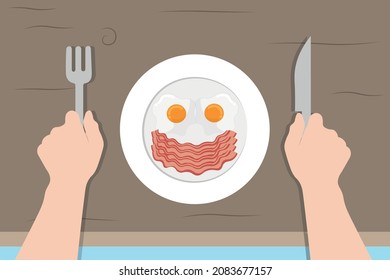 Background of Plate, Spoon, Flog, Bacon Fried Egg with person hand. What to eat today concept