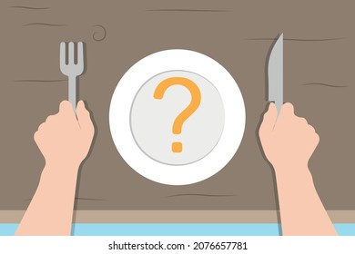 Background of Plate, Spoon, Flog, Question mark, Table with person hand. What to eat today