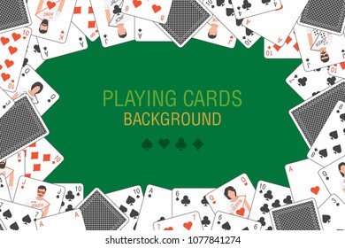 Background of playing cards randomly placed over Green background