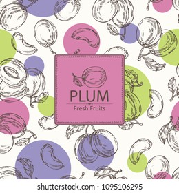Background with plum and plum slice. Vector hand drawn illustration