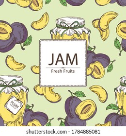 Background with plume and jar of jam with plum. Vector hand drawn illustration.