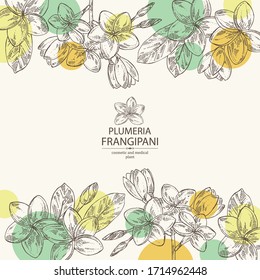 Background with plumeria: plumeria flowers, bud and leaves. Frangipani flowers. Cosmetic, perfumery and medical plant. Vector hand drawn illustration
