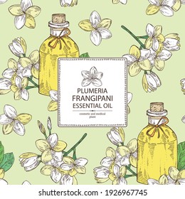Background with plumeria: plumeria flowers, bud, leaves and bottle of plumeria essential oil. Frangipani flowers. Cosmetic, perfumery and medical plant. Vector hand drawn illustration.