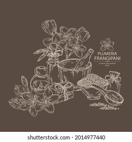 Background with plumeria: plumeria flowers, bud and leaves. Frangipani flowers. Oil, soap and bath salt . Cosmetics and medical plant. Vector hand drawn illustration
