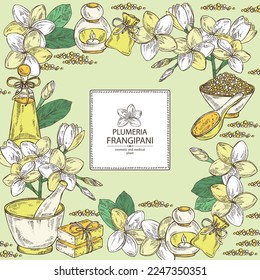 Background with plumeria: plumeria flowers, bud and leaves. Frangipani flowers. Oil, soap and bath salt . Cosmetics and medical plant. Vector hand drawn illustration