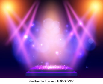 Background with podium and blue and yellow spotlights. Design for presentation, concert, show. Vector illustration