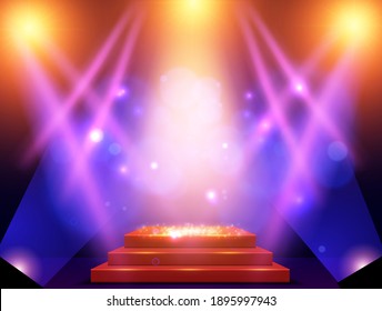 Background with podium and blue and yellow spotlights. Design for presentation, concert, show. Vector illustration