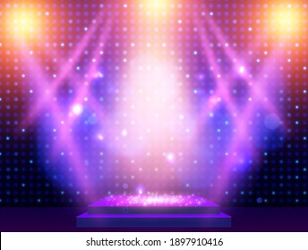 Background with podium and blue and yellow spotlights. Design for presentation, concert, show. Vector illustration