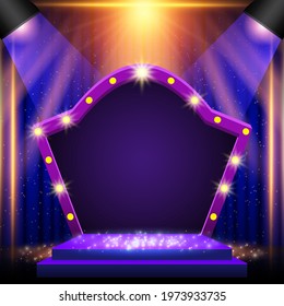 Background with podium and blue and yellow spotlights and arch banner. Design for presentation, concert, show. Vector illustration